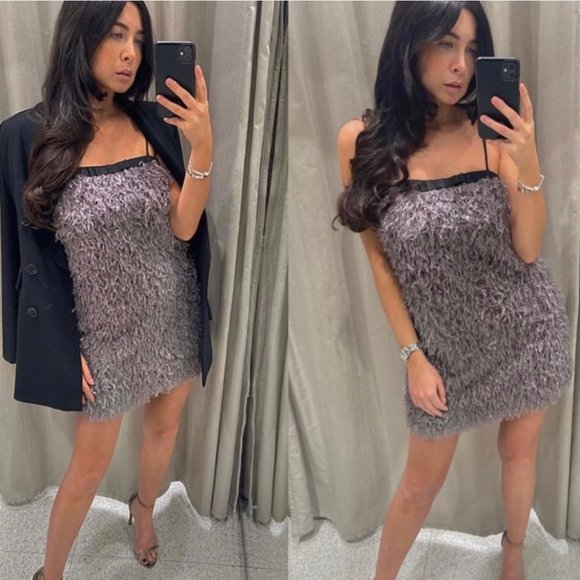 ZARA Faux Feather Mini Dress in Dusty Purple Gray {BB50} - Picture 1 of 4
